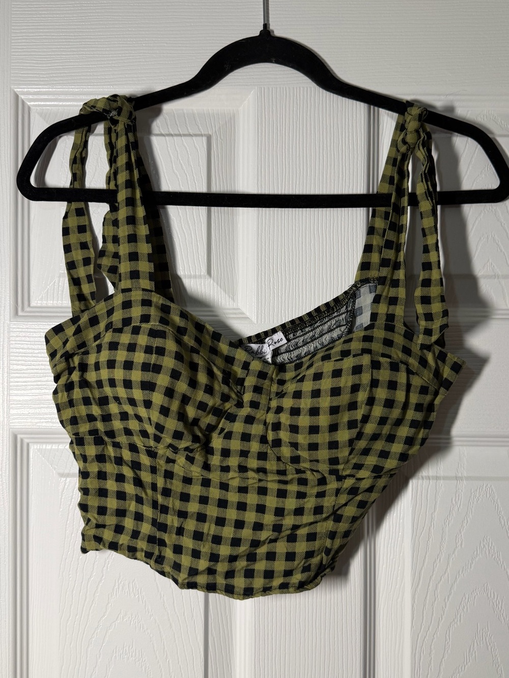 Gingham Tie-Strap Crop Top in Olive Green